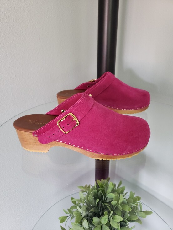Anthropologie Shoes - Anthropologie Magenta Suede Clog Mules with Gold Buckle